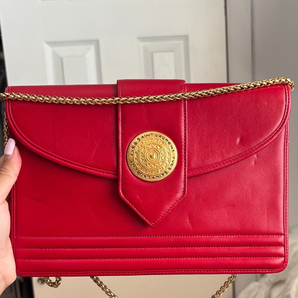 Vintage 1980 Yves Saint Laurent Red Clutch with Gold Accent